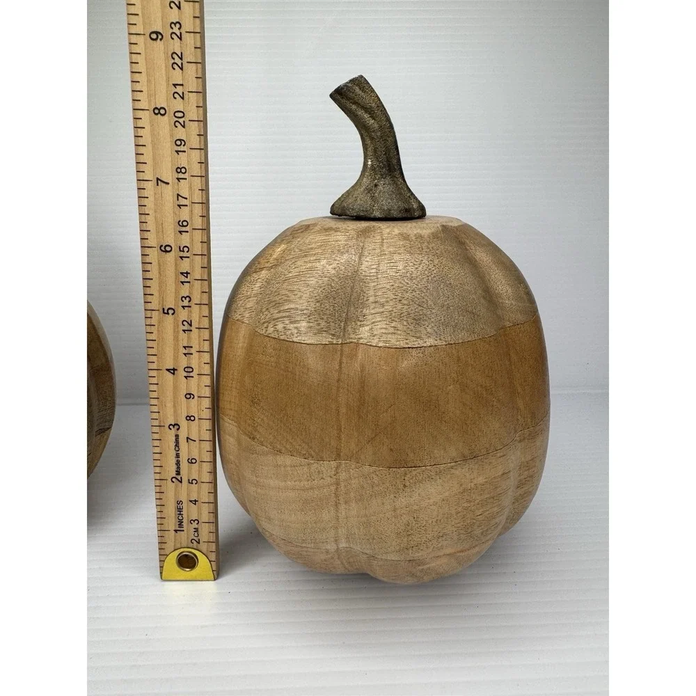 Set of 2 Solid Wood Pumpkins Natural Gourds Rustic Fall Thanksgiving Table Decor